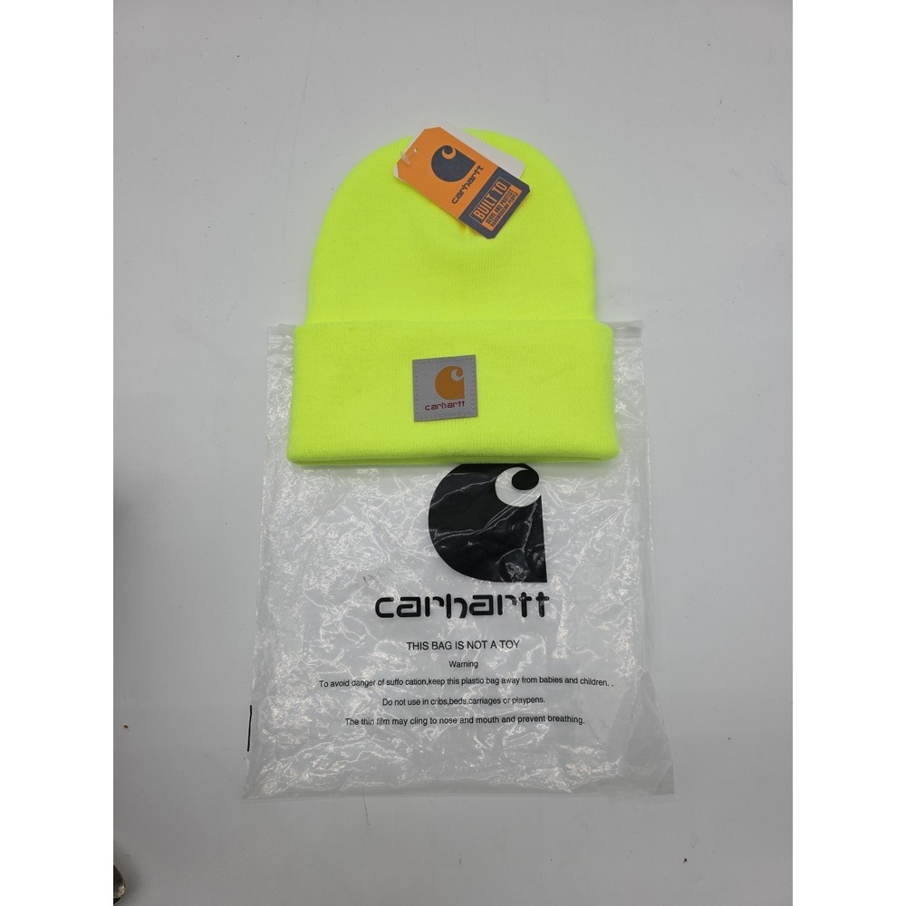 CARHARTT Knit Cuffed Beanie Cap Hat NWT And Bag NEON Green Outdoor Workwear